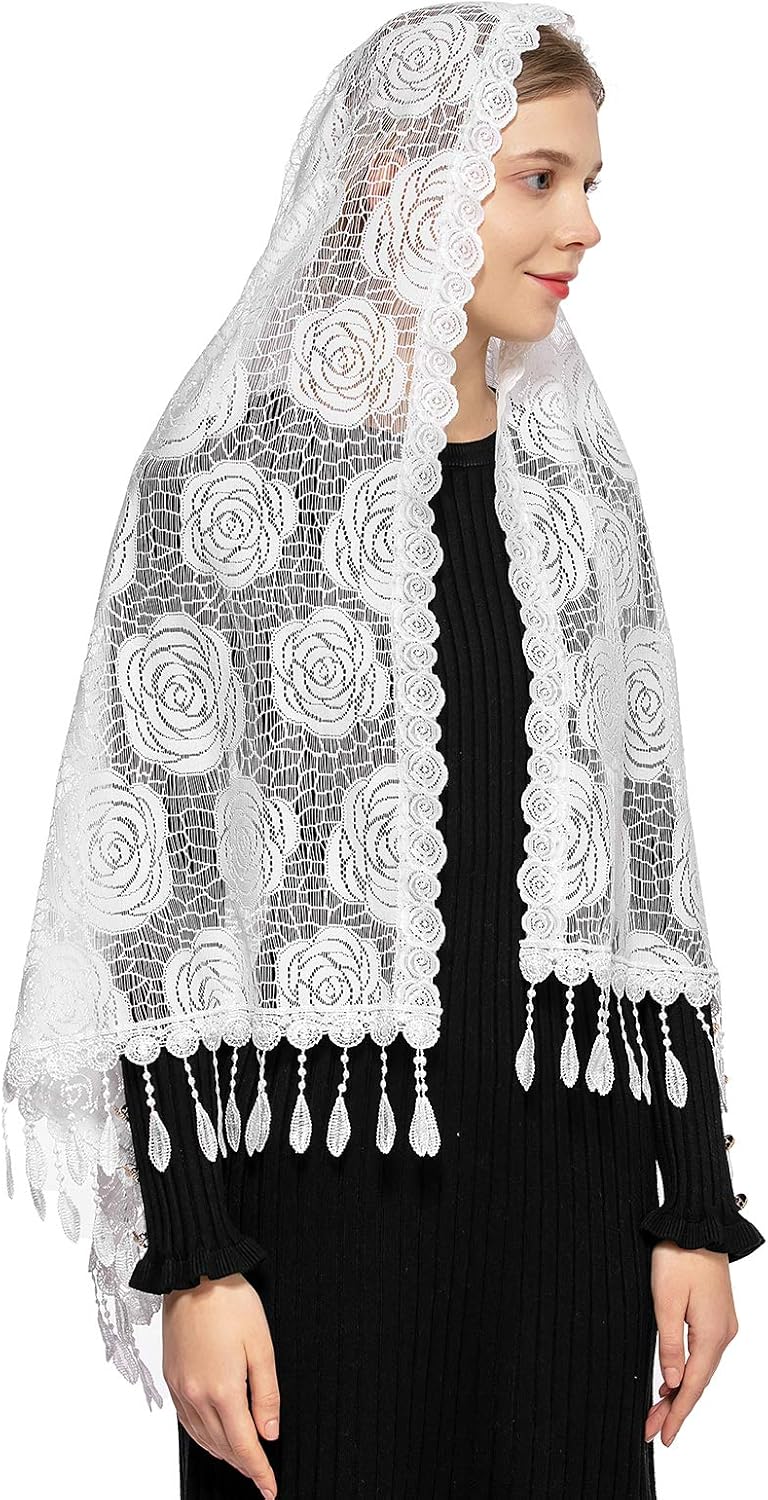 Wgior Rose Rectangular Chapel Veil Scarf Catholic Church Veils Mantilla Wrap Shawl Mass Head Covering - Image 2